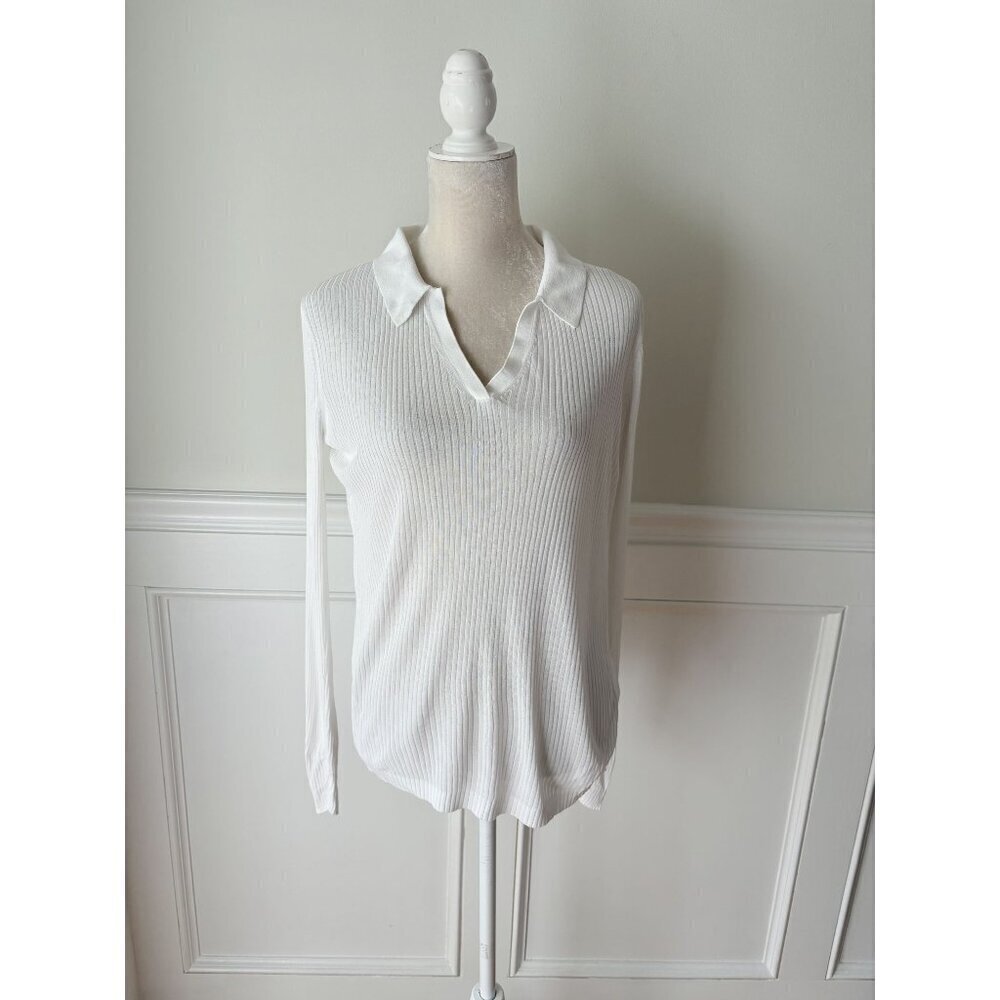 Club Monaco White Ribbed Long Sleeve Popover Top L